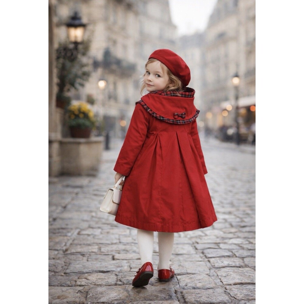 Vintage Rothschild Size 4T Dress Coat Girls Red  Pleated Plaid Vest Hood Bows